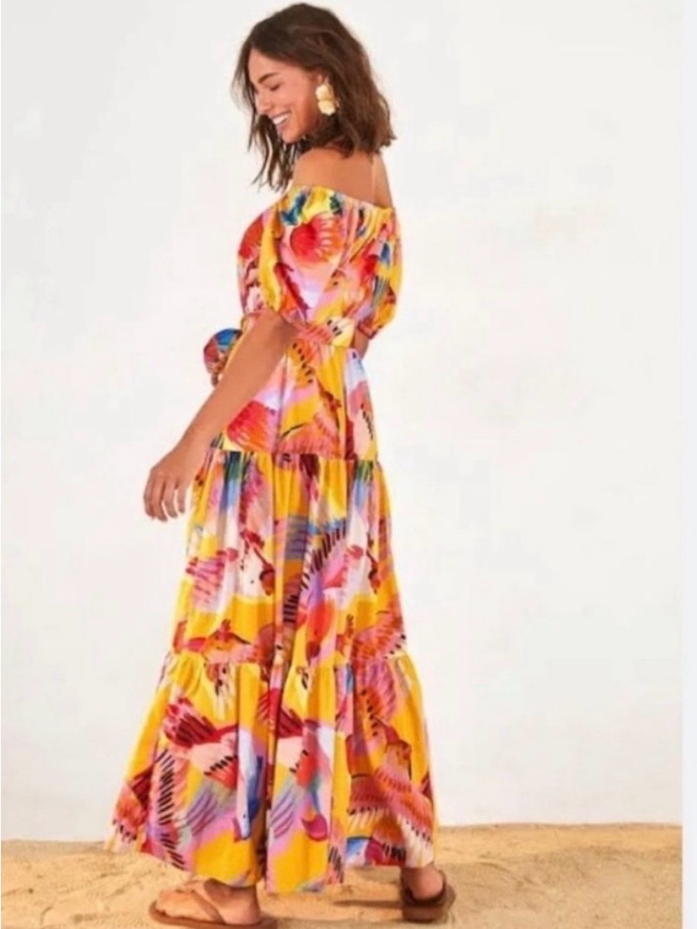 Farm Rio Neon Macaws Puff Sleeve Maxi Dress